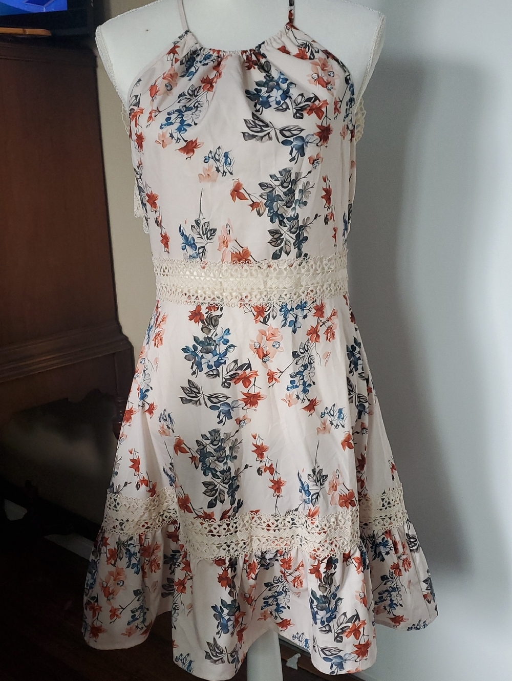 Adorable Floral Lace-Trim Halter Sundress in Blush